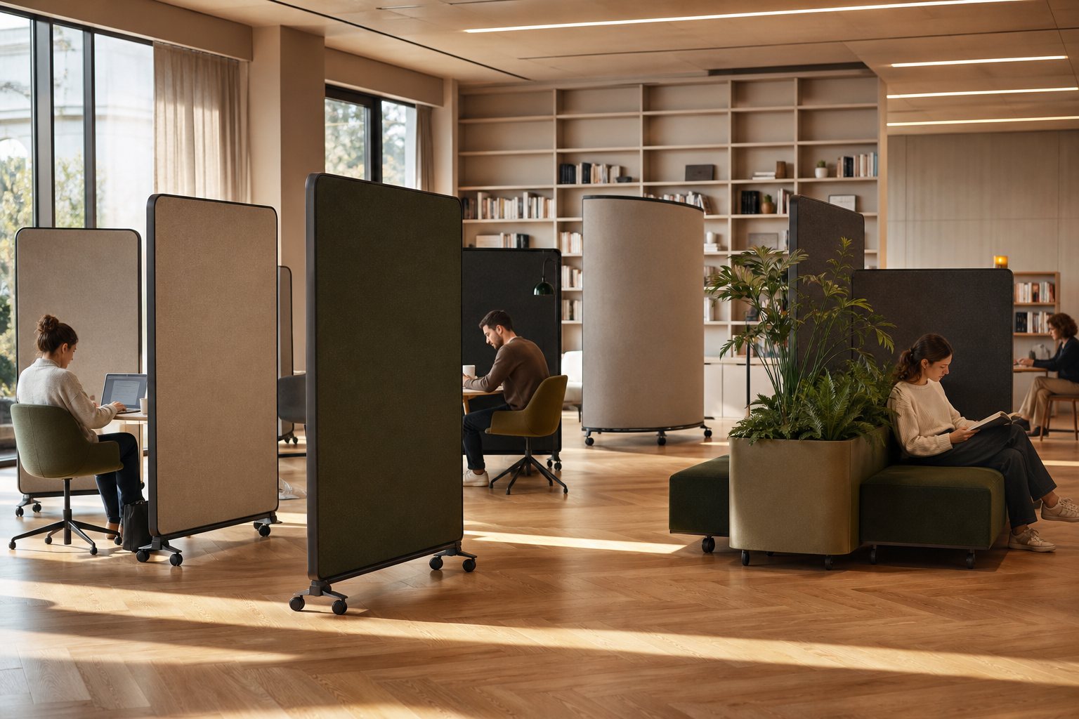 Mobile Akustik-Stellwände in einer Bibliothek