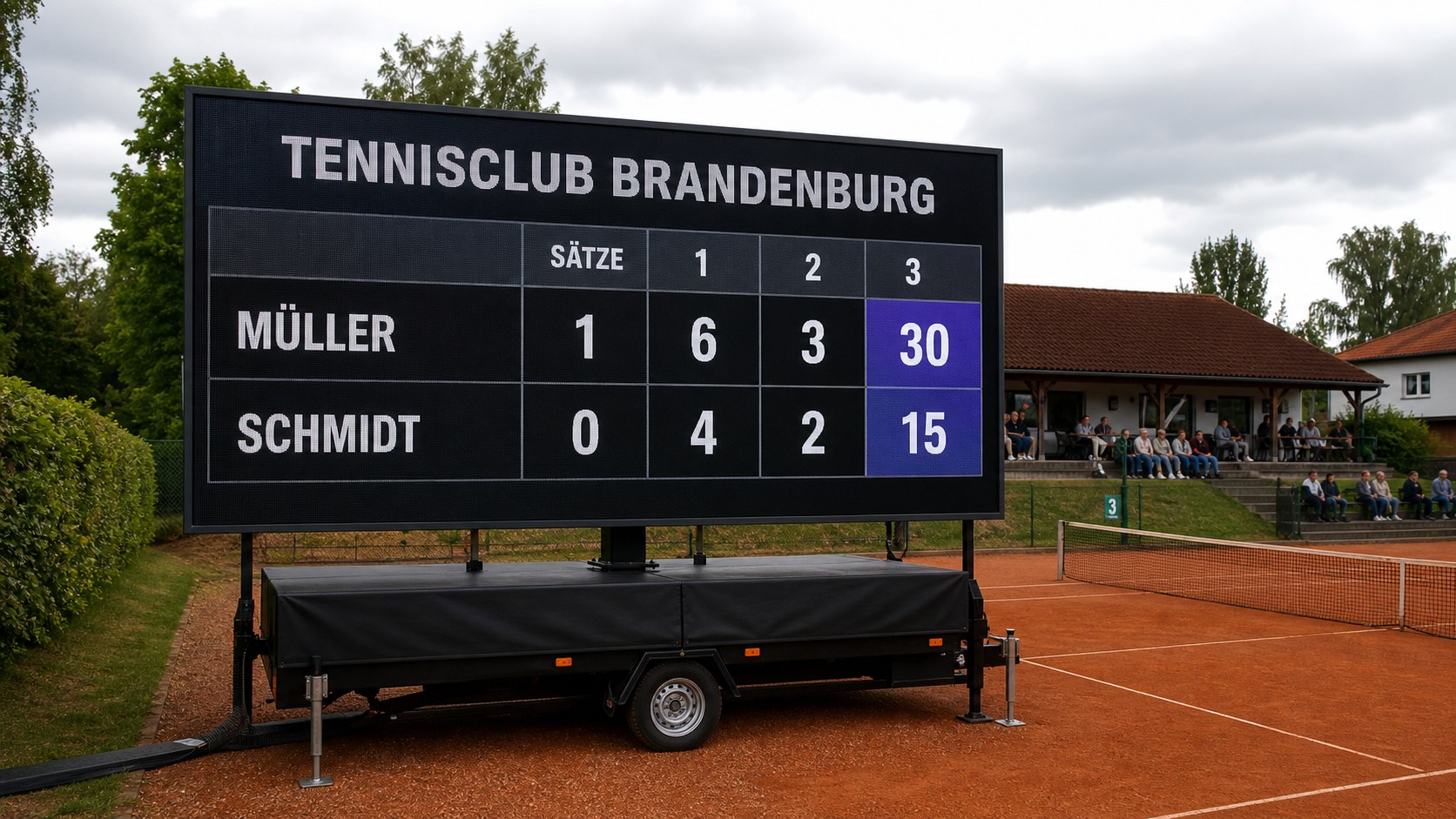 Mobile LED-Anzeigetafel an einem Tennisplatz mit Spielernamen, Sätzen und aktuellem Punktestand