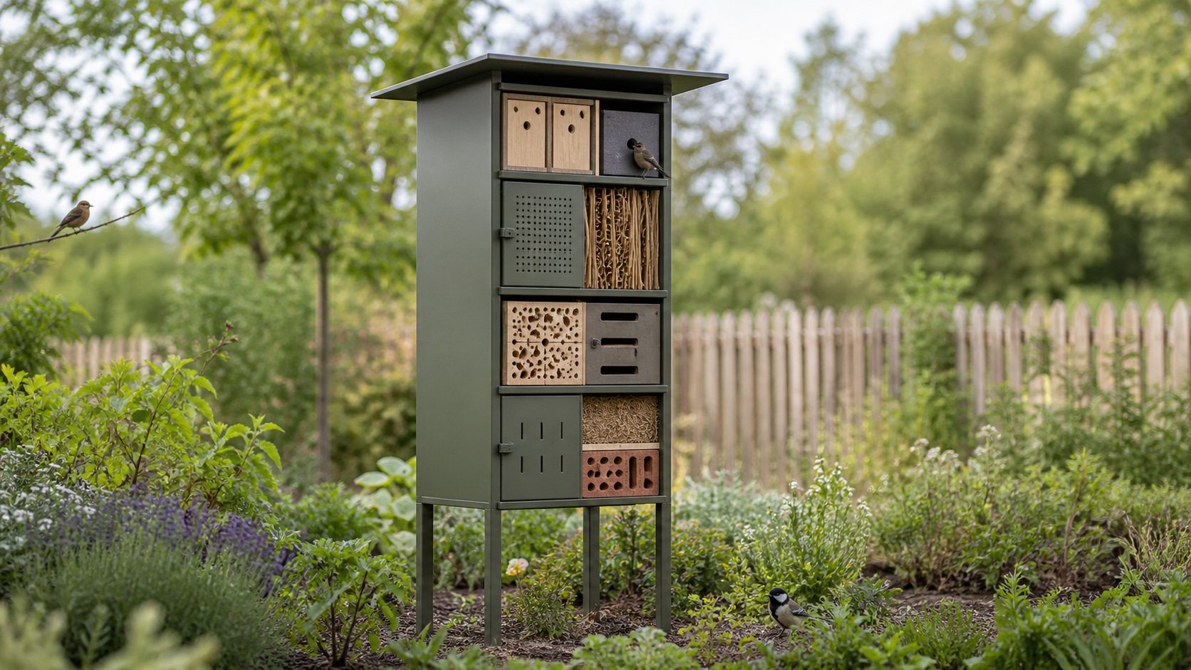 Freistehendes Gartenhabitat mit olivgrünem Stahltragwerk und austauschbaren Holz-, Lehm- und Schilfeinsätzen