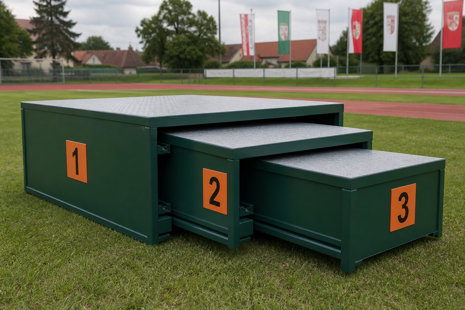Drei dunkelgrüne Stahlpodeste auf einem Sportplatz: Die schmaleren Podeste 2 und 3 werden auf Führungen in den großen Korpus von Platz 1 eingeschoben